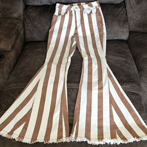 Chic Brown and Cream Striped Flare Jeans